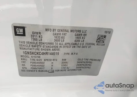 2017 Chevrolet Tahoe Premier z USA, uszkodzony, nr VIN 1GNSKCKC4HR144919